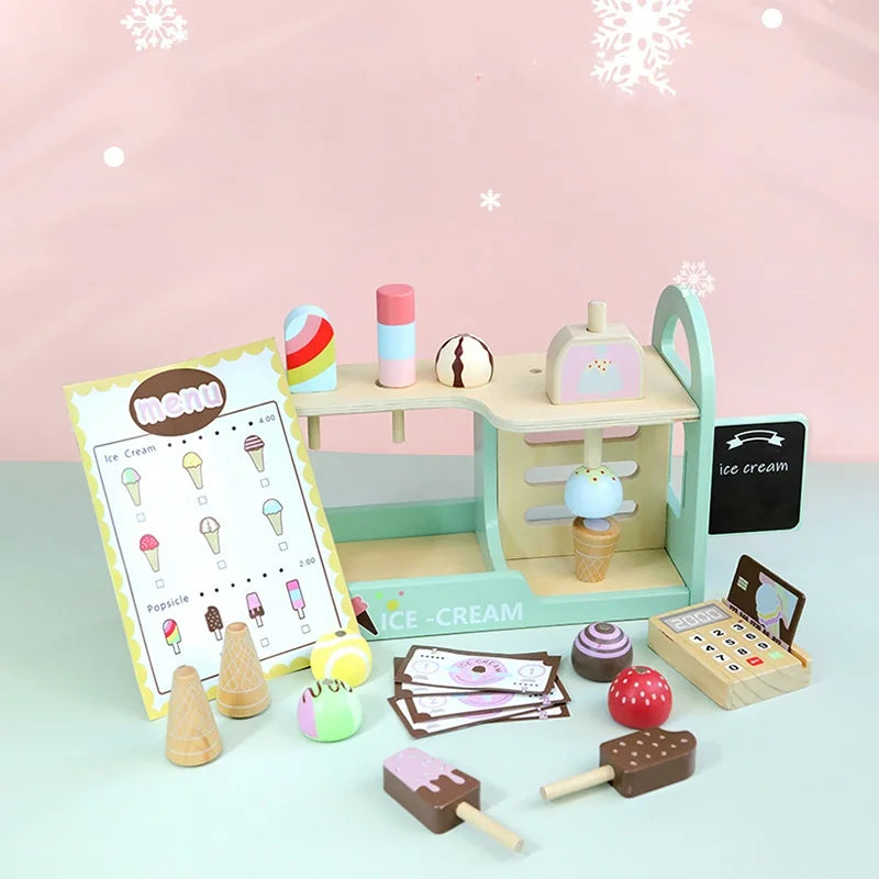 Comptoir de Crème Glacée en Bois - Jouet Montessori 40+ Pièces avec Monnaie pour Enfants 3-6 Ans