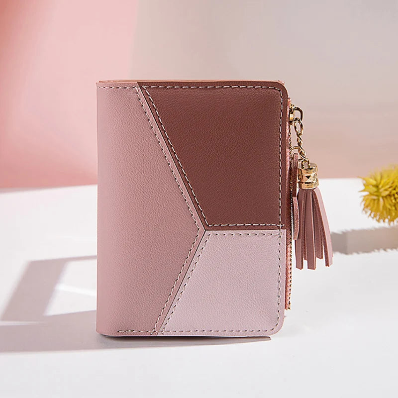Portefeuille Femme Court avec Pompon - Porte-Monnaie PU Bicolore