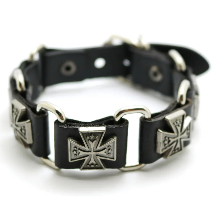 Bracelet Cuir Rétro Punk Croix - Chaîne Argent Tibétain Unisexe