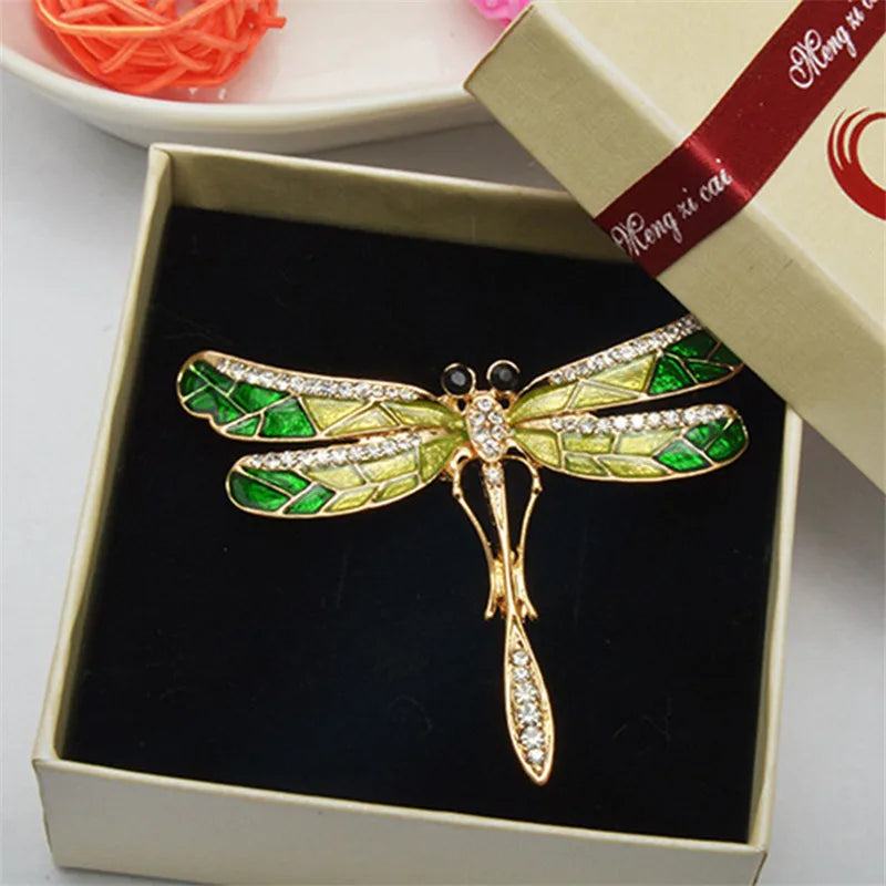 Broche Libellule Cristaux Verts Strass – Pin's Insecte Vintage Élégant Femme