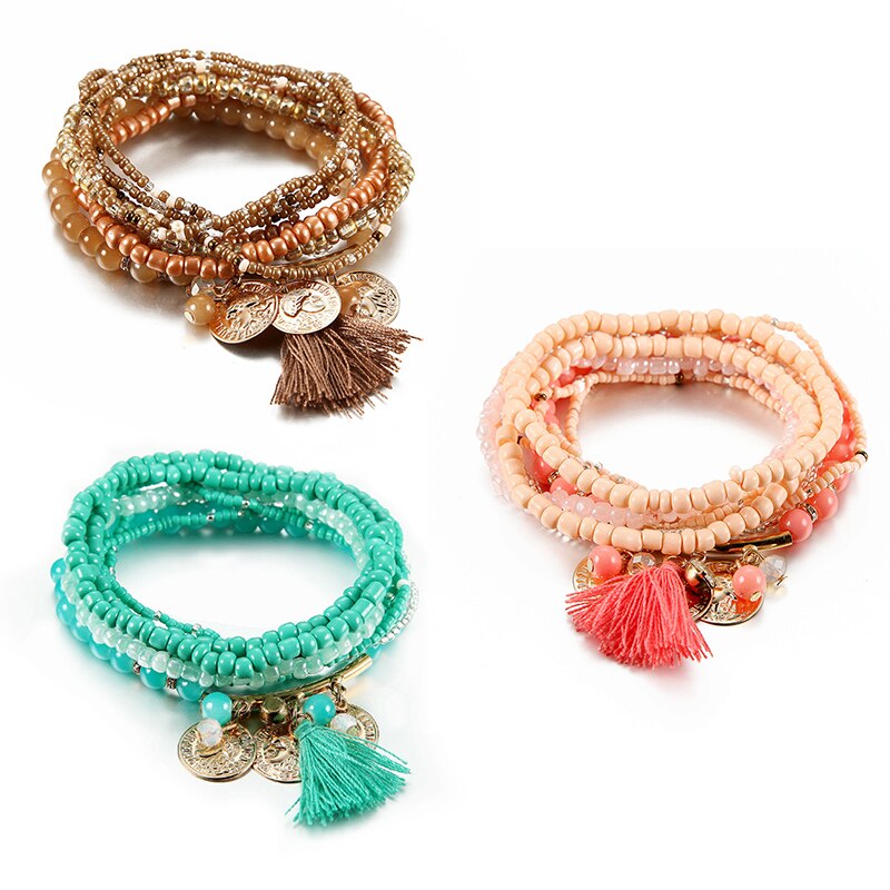 Bracelet Bohème Multicouche Femme - Perles Verre Pampille Or - Bijoux Fantaisie