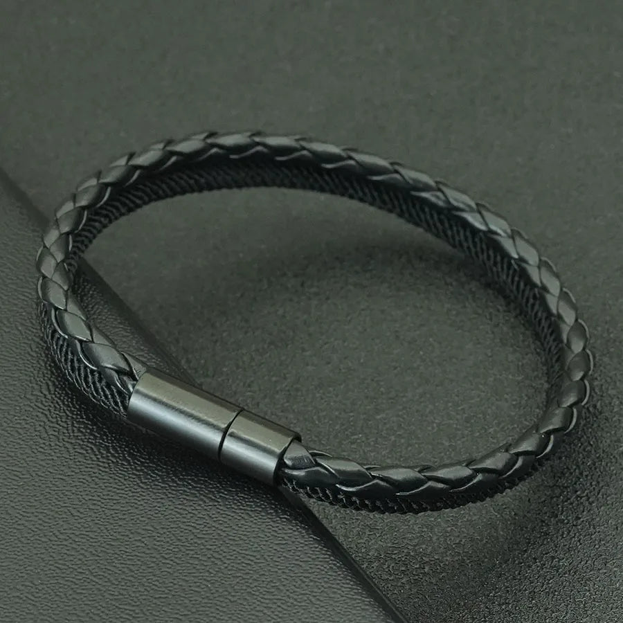 Bracelet en Cuir Tressé Fait Main pour Homme - Double Couche avec Charm en Cuivre