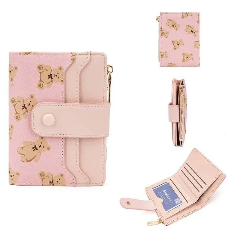 Portefeuille Femme Court Ourson Mignon - Bifold Cuir PU Porte-Cartes Zipper Bleu