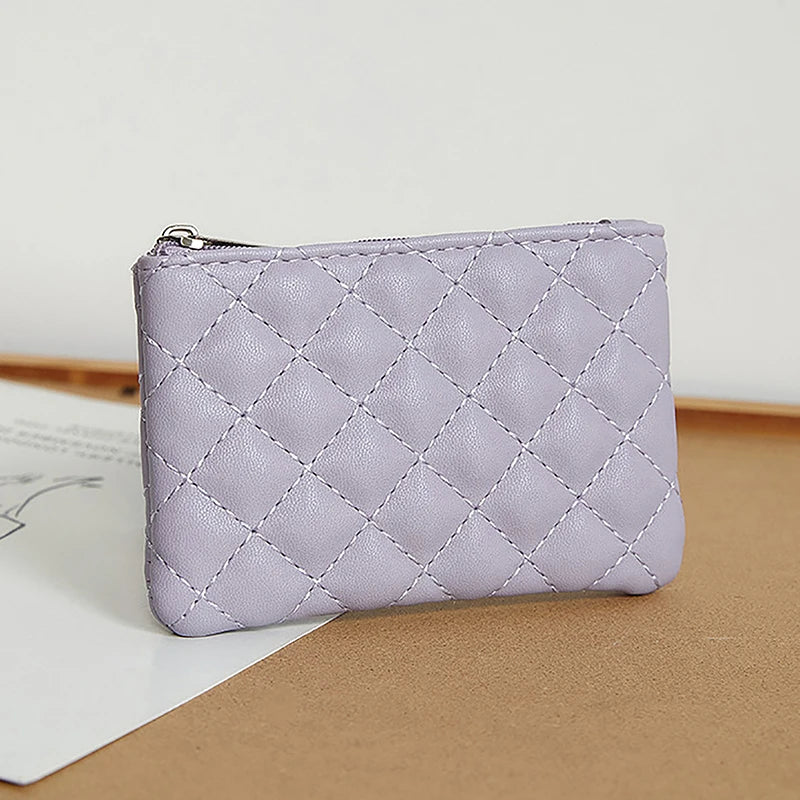 Portefeuille Femme Mini Cuir PU Zippé Imprimé Lattice - Porte-Monnaie Slim Porte-Carte Business Blanc
