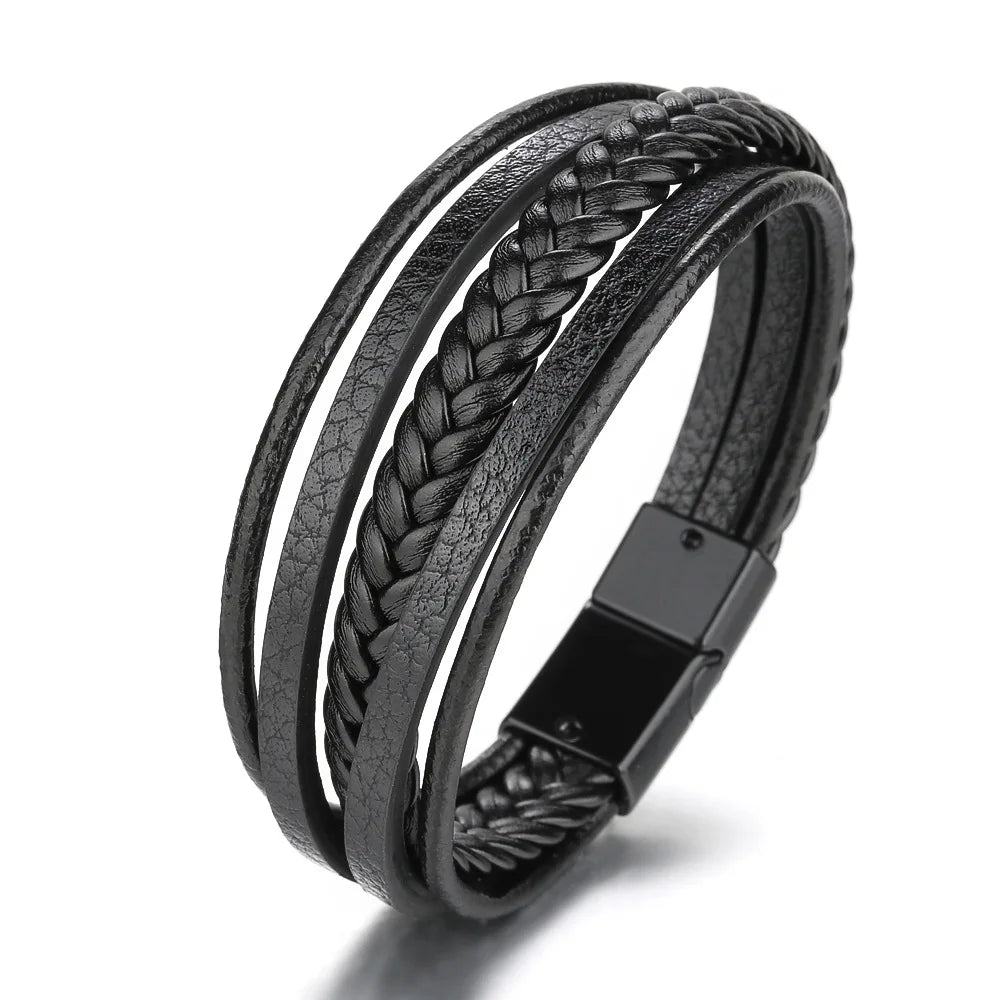Bracelet Cuir Multicouche Tressé Homme – Acier Inoxydable 21 cm 14 Coloris Cadeau