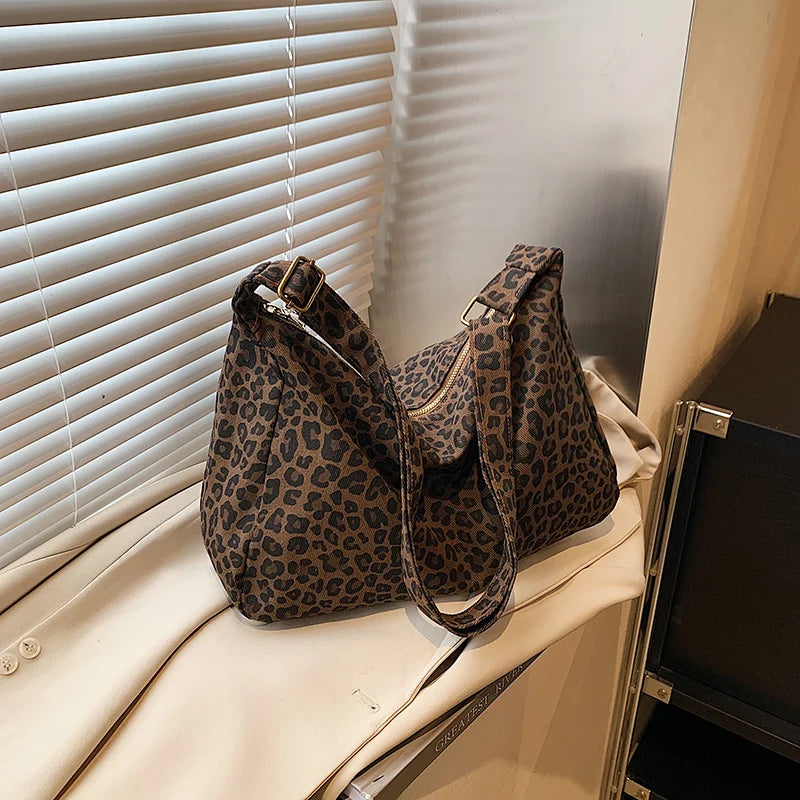 Sac Bandoulière Femme Textile Souple Imprimé Léopard - Sac Épaule Rétro Grande Capacité Casual
