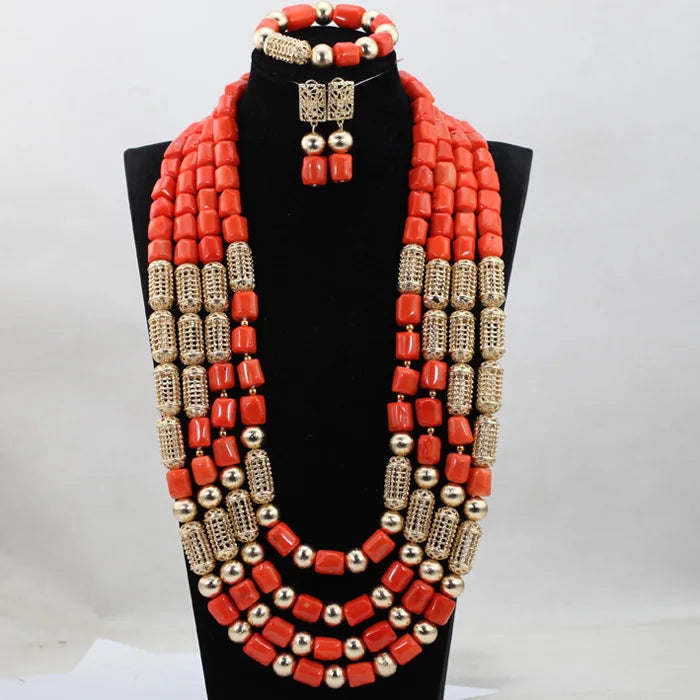 Parure Luxe Corail Nigérian 4 Couches – Ensemble Mariée Statement