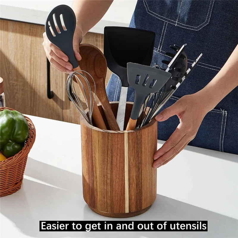 Pot à Ustensiles de Cuisine en Bois d'Acacia Rotatif 360° - Style Farmhouse