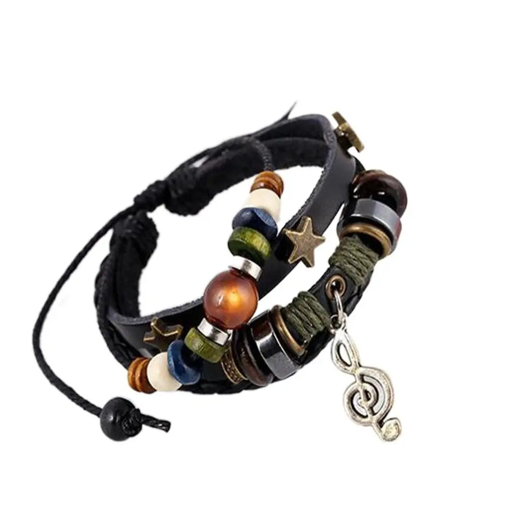 Bracelet Cuir Fait Main Bohème Gypsy - Étoile Métal Perles Bois Ajustable