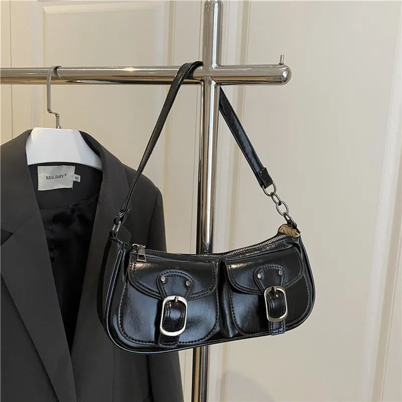 Sac Épaule Femme Cuir PU Y2K Vintage - Petit Sac Aisselle Double Poche Design Fashion Clutch Purse