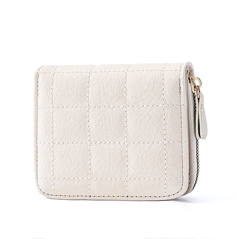 Portefeuille Femme Court Cuir PU Carreaux Zippé - Porte-Carte Monnaie Compact Fashion Noir
