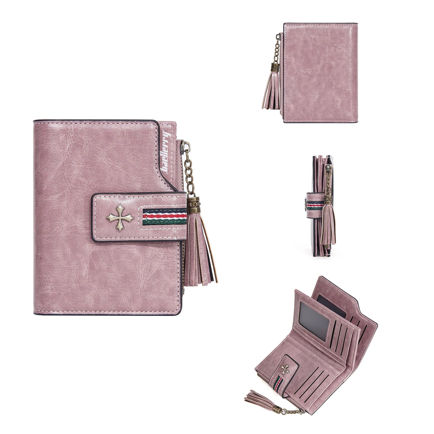 Portefeuille Femme Cuir Ciré Glands - Porte-Monnaie Tri-Fold Multi-Fentes Fermeture Éclair