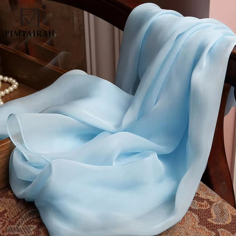 Foulard Écharpe Soie 100% Mousseline Femme Bleu Ciel - Châle Long 180x65cm Hangzhou