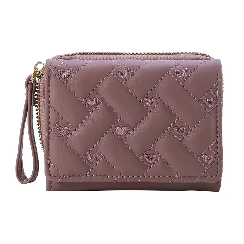 Portefeuille Femme Court Trifold Cuir PU Broderie Amour - Porte-Carte Multi-Poches Fashion Minimaliste Noir