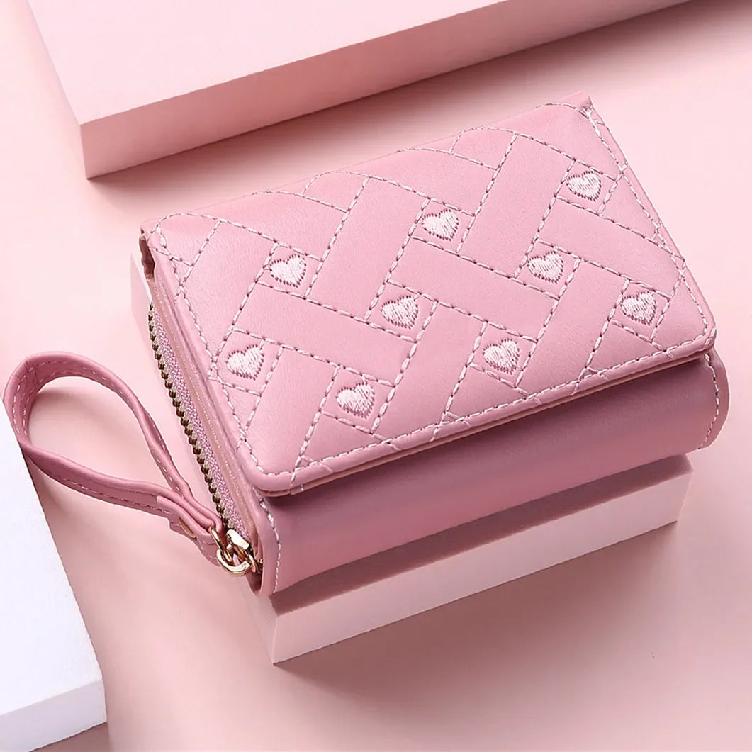 Portefeuille Femme Mignon Cœur Brodé Cuir PU - Trifold Multi-Cartes avec Porte-Monnaie