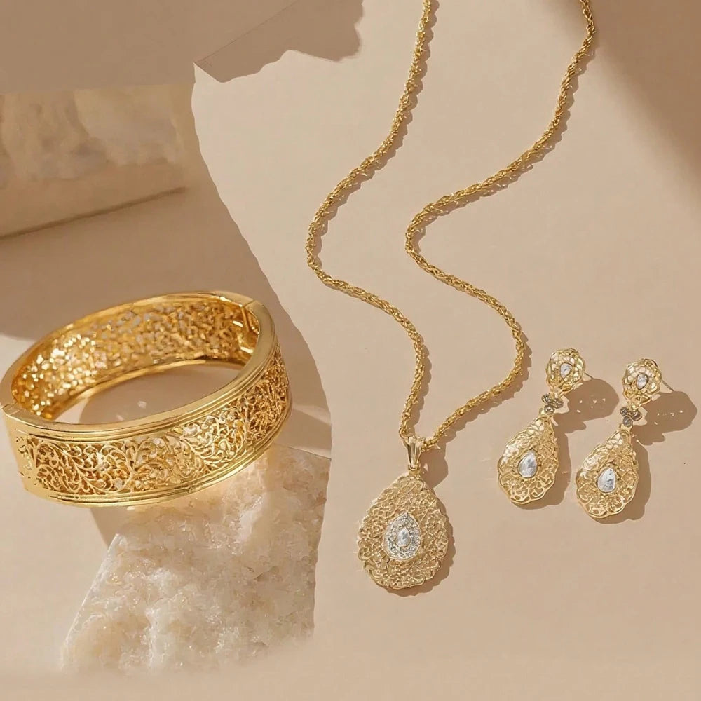 Parure Mariée Arabesques Marocaines Plaqué Or - Collier, Boucles et Jonc