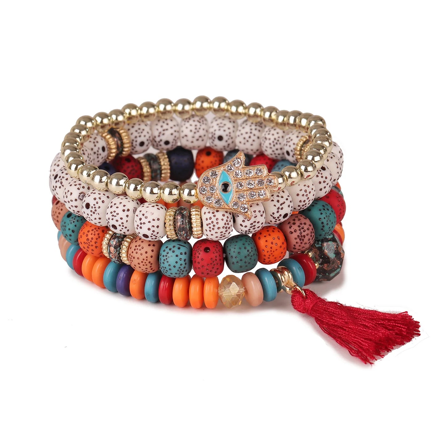 Bracelet Bohème Main Bouddha Turquoise Pompons – Ethnique Spirituel Vintage