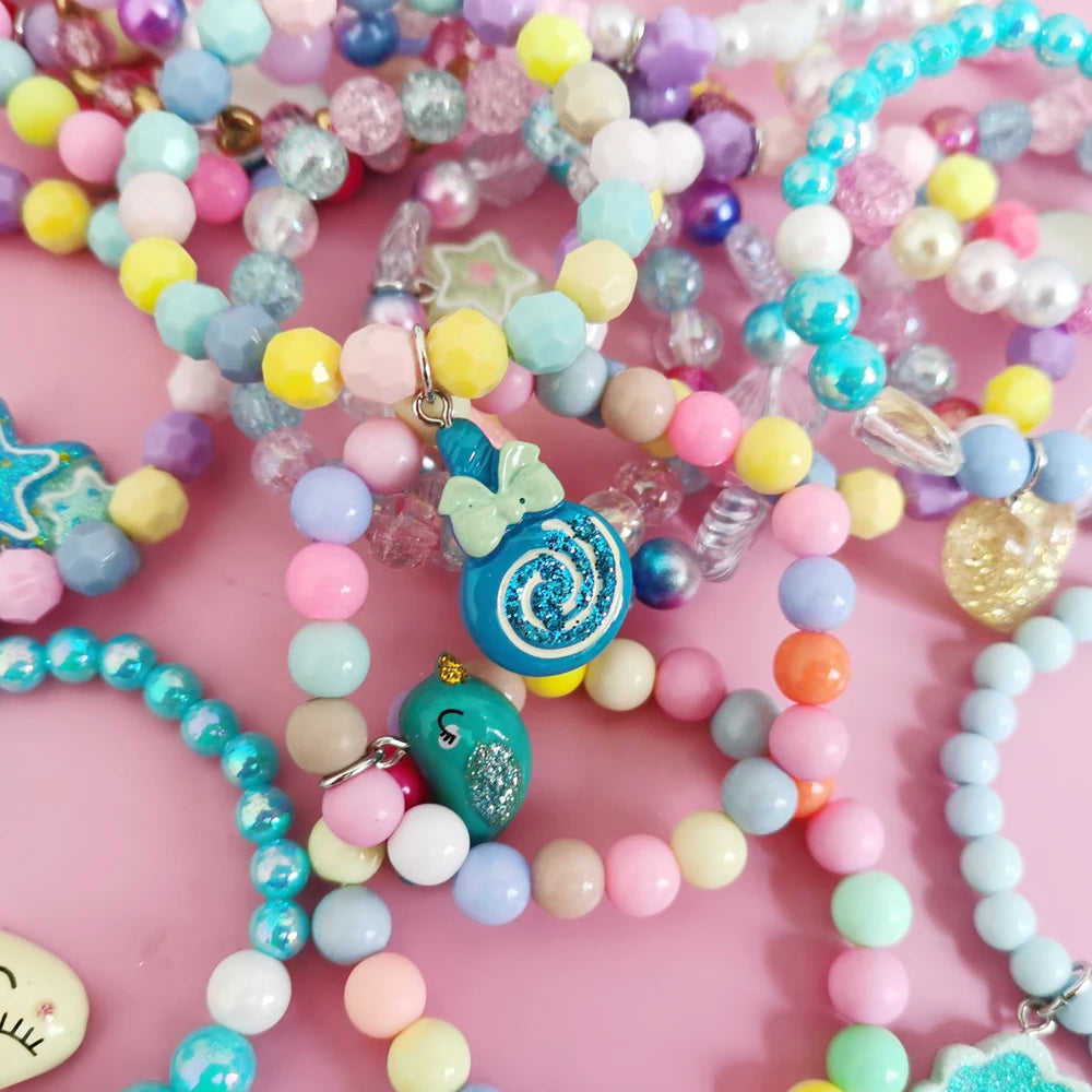 Ensemble 5 Bracelets Perles Licorne Cartoon Cœur Étoile – Élastique Candy Coloré Filles