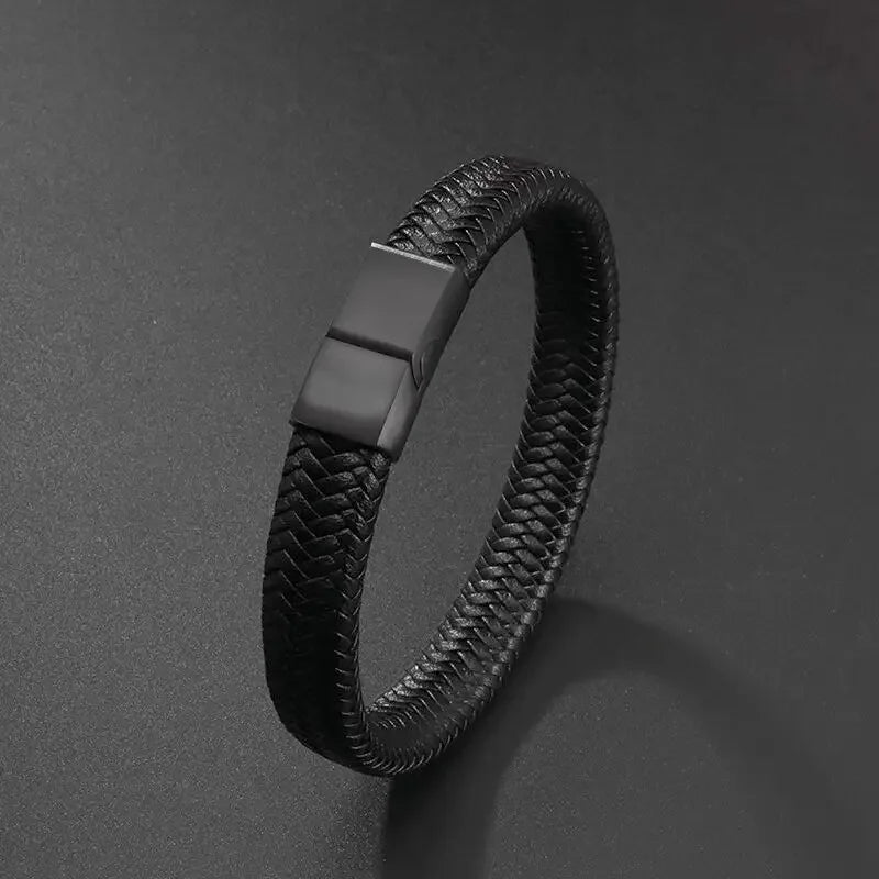 Bracelet Magnétique en Cuir Noir – Élégance Masculine