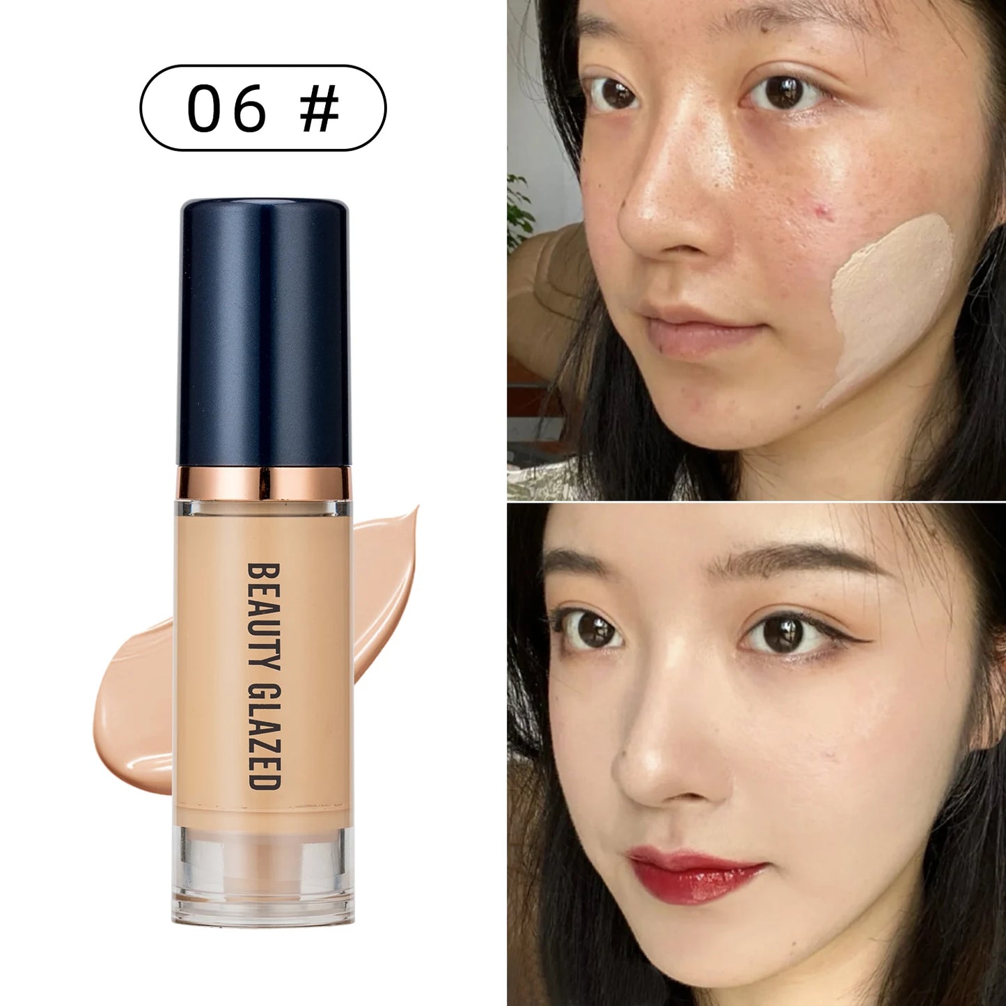 Fond de Teint Liquide Beauty Glazed 6 Couleurs - Couvrance Totale Waterproof Hydratant Effet Naturel Longue Tenue