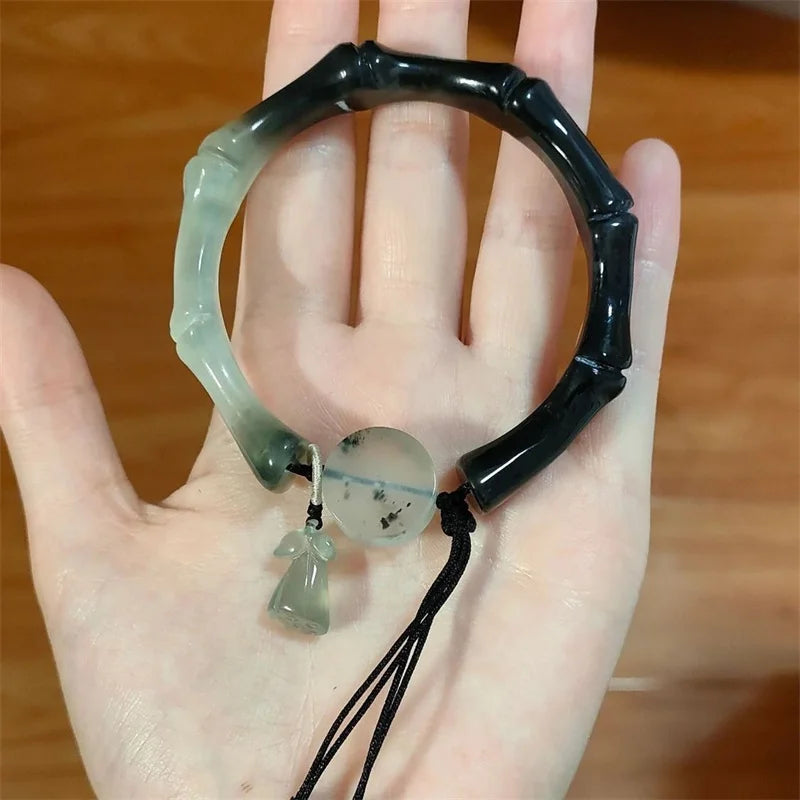 Bracelet Jonc Jade Lotus Bambou Chinois – Antique Pompons Tempérament Unisexe