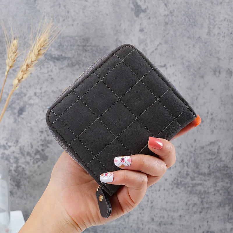 Portefeuille Court Femme Cuir PU à Carreaux - Petit Porte-Cartes Zip avec Porte-Monnaie