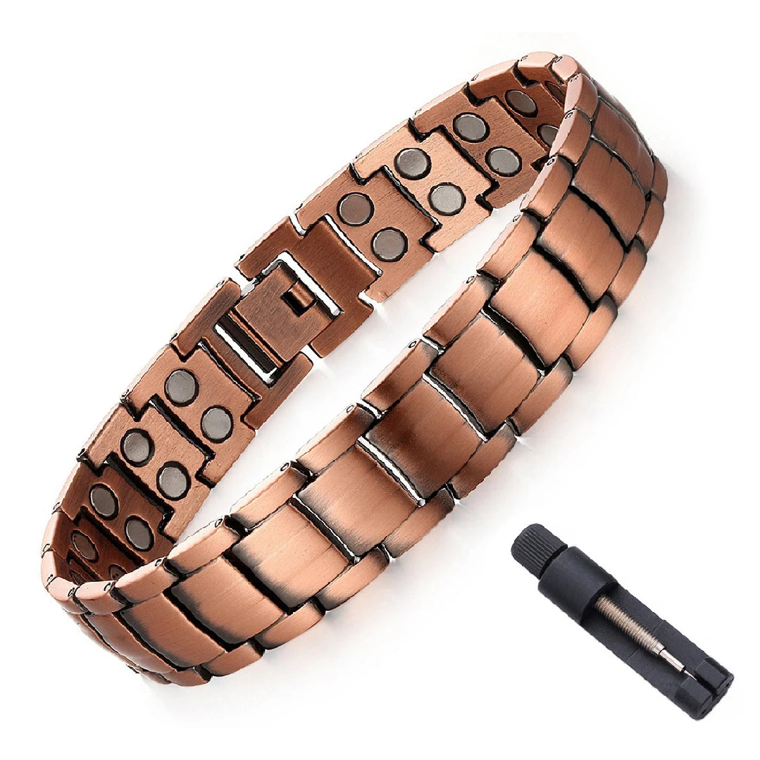 Bracelet Magnétique Cuivre Homme – Double Rangée d’Aimants & Motif Croix