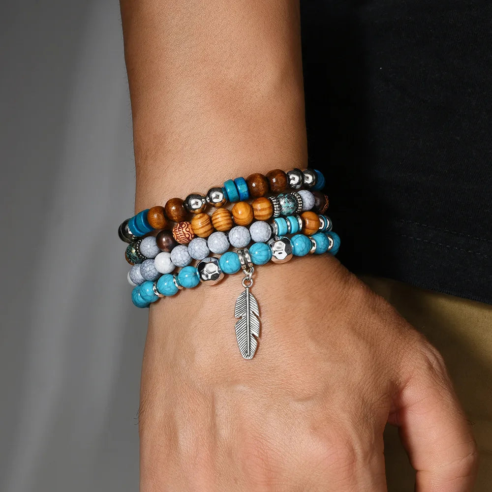 Bracelet Homme Multi-Rangs Turquoise et Feuilles - Pierres Naturelles Vintage