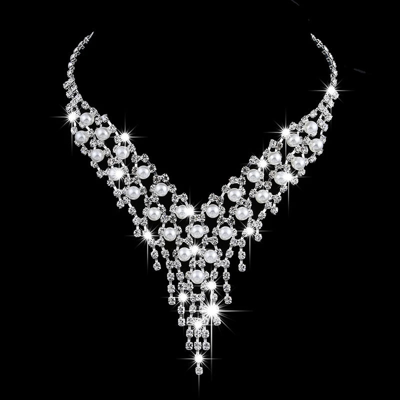 Parure Mariée Perles et Pompons Longs - Collier et Boucles Cristaux Zircon