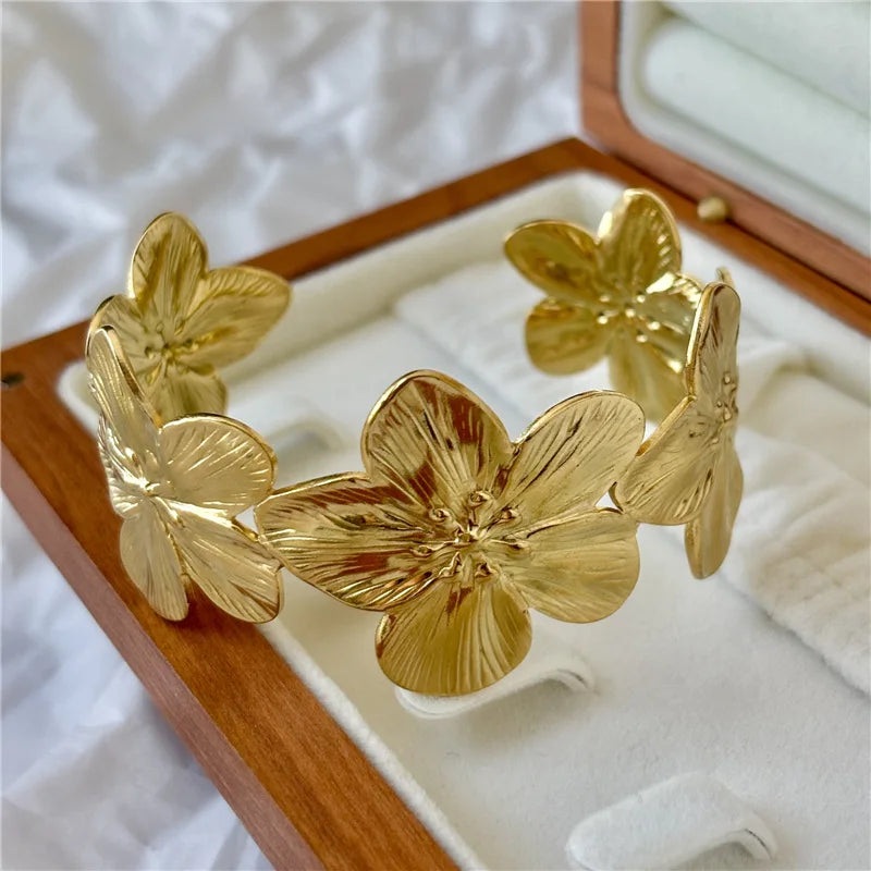 Bracelet Bangle Fleur Bohème Acier Inoxydable Large – Manchette Florale Chunky Couples Femme