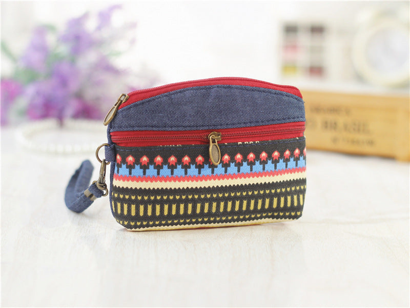Porte-Monnaie Ethnique en Coton - Pochette Double Zip pour Femme et Enfant