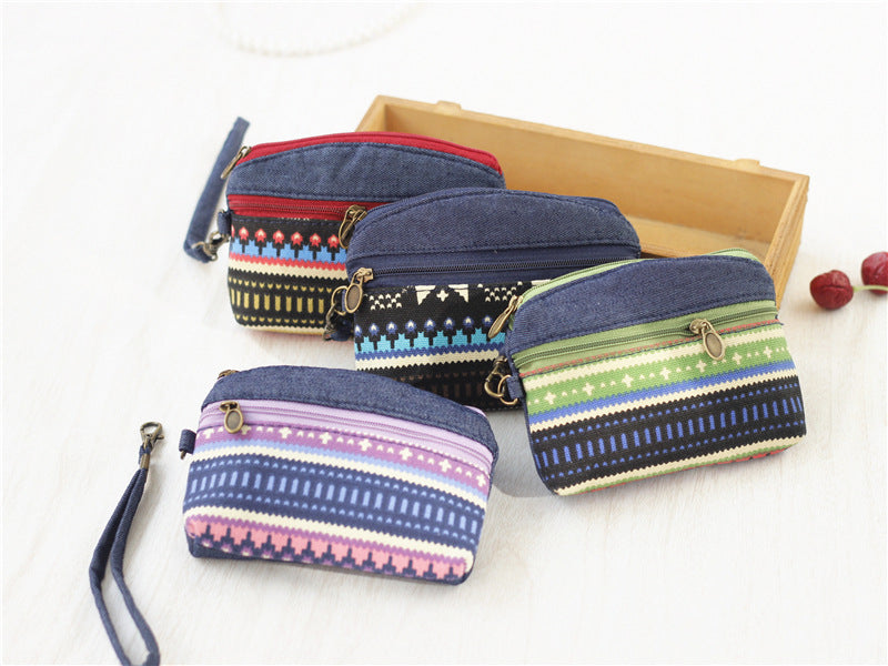 Porte-Monnaie Ethnique en Coton - Pochette Double Zip pour Femme et Enfant