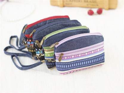 Porte-Monnaie Ethnique en Coton - Pochette Double Zip pour Femme et Enfant