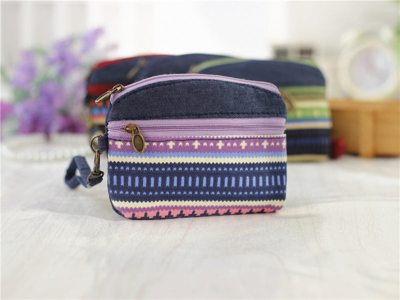 Porte-Monnaie Ethnique en Coton - Pochette Double Zip pour Femme et Enfant
