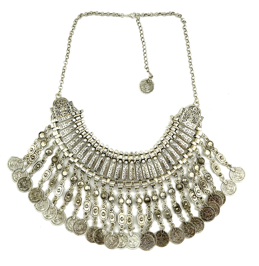 Parure Bijoux Afghan Bohème – Collier Choker Pièces Pompons Boucles