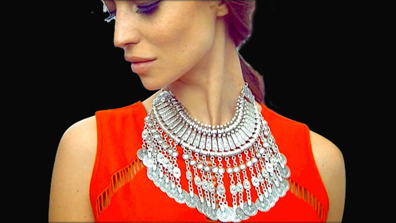 Parure Bijoux Afghan Bohème – Collier Choker Pièces Pompons Boucles