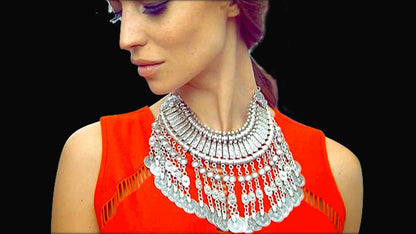 Parure Bijoux Afghan Bohème – Collier Choker Pièces Pompons Boucles