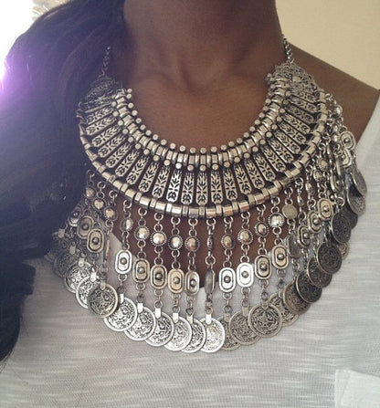 Parure Bijoux Afghan Bohème – Collier Choker Pièces Pompons Boucles