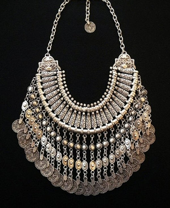 Parure Bijoux Afghan Bohème – Collier Choker Pièces Pompons Boucles