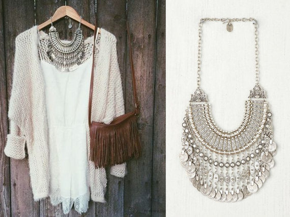 Parure Bijoux Afghan Bohème – Collier Choker Pièces Pompons Boucles