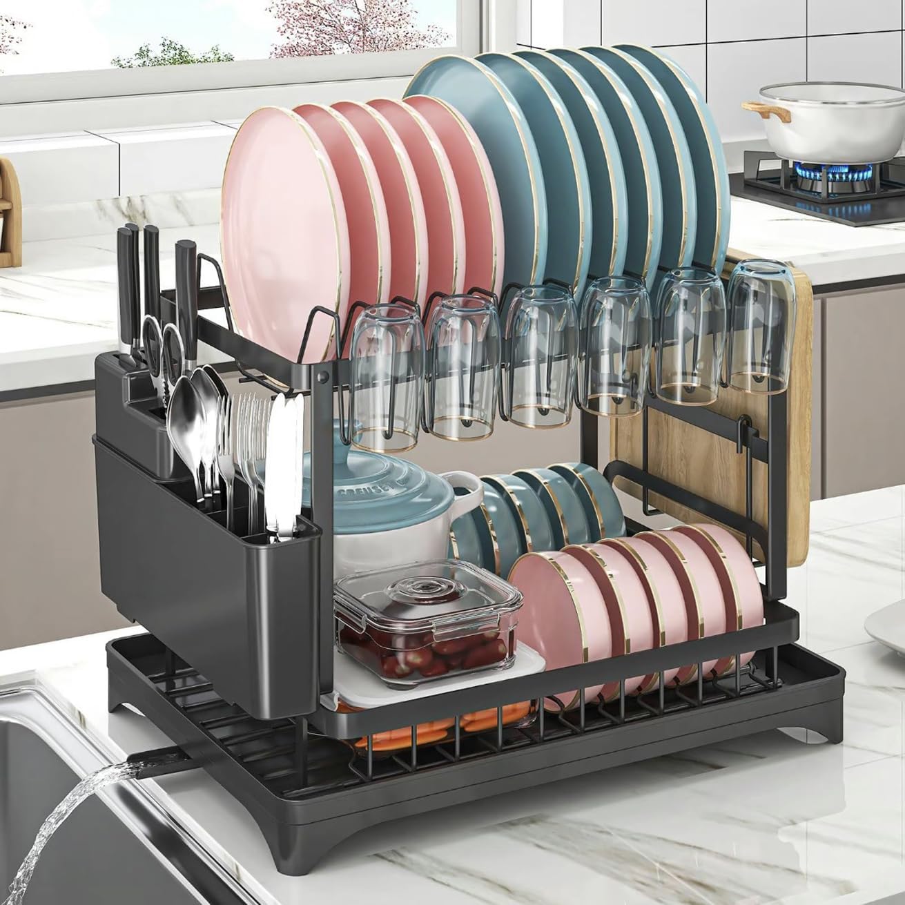 Égouttoir à Vaisselle 2 Étages - Organisateur de Cuisine Pliable