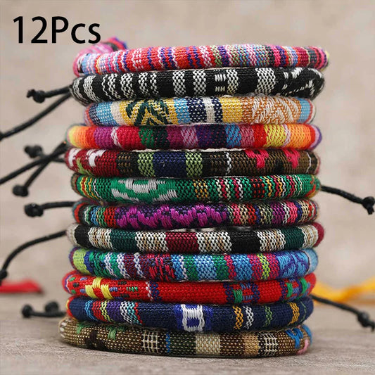 Ensemble 12 Bracelets Bohèmes Coton Ajustables – Ethniques Unisexe Voyage
