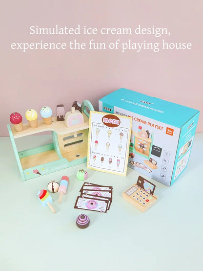 Comptoir de Crème Glacée en Bois - Jouet Montessori 40+ Pièces avec Monnaie pour Enfants 3-6 Ans