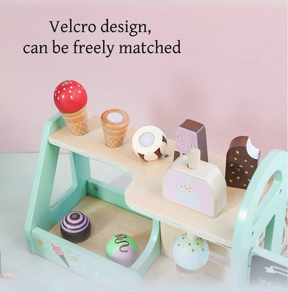Comptoir de Crème Glacée en Bois - Jouet Montessori 40+ Pièces avec Monnaie pour Enfants 3-6 Ans