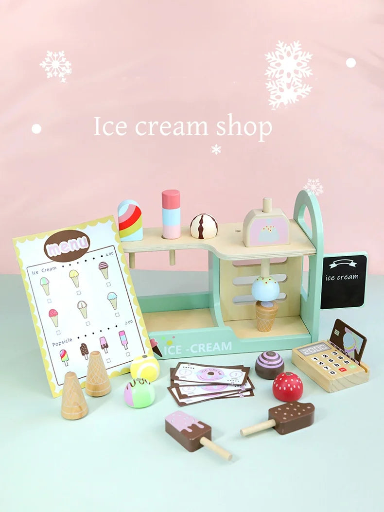 Comptoir de Crème Glacée en Bois - Jouet Montessori 40+ Pièces avec Monnaie pour Enfants 3-6 Ans
