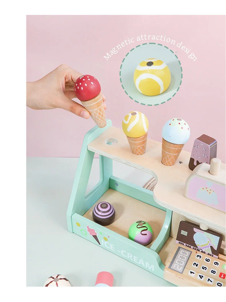 Comptoir de Crème Glacée en Bois - Jouet Montessori 40+ Pièces avec Monnaie pour Enfants 3-6 Ans