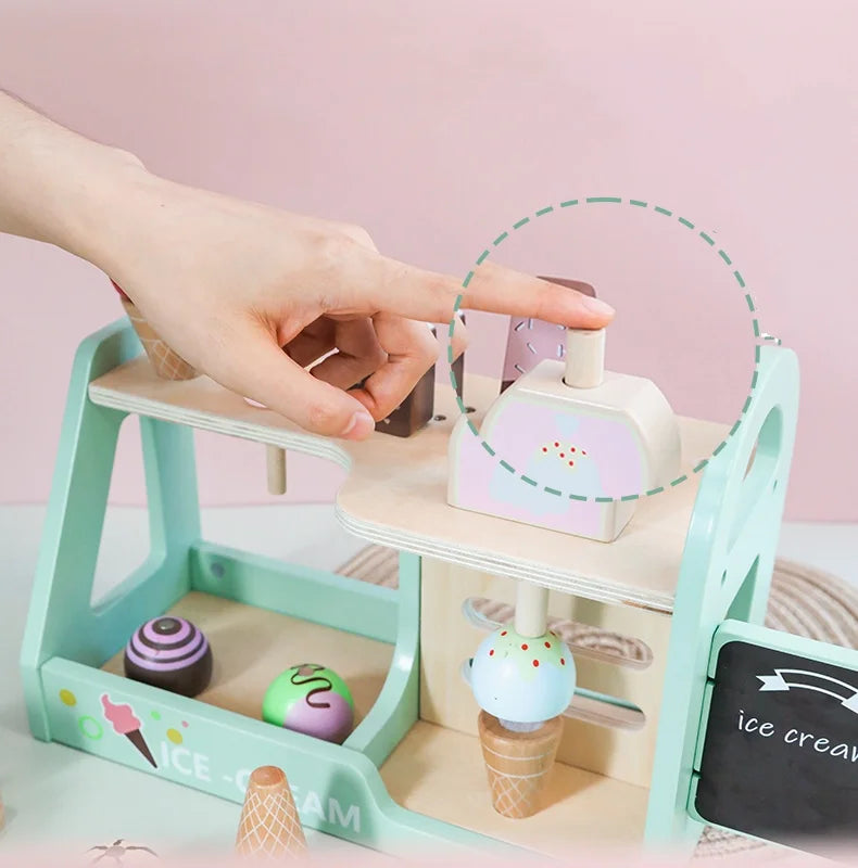 Comptoir de Crème Glacée en Bois - Jouet Montessori 40+ Pièces avec Monnaie pour Enfants 3-6 Ans