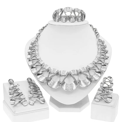 Parure Complète Plaqué Or - Collier, Boucles, Bracelet et Bague Mariage