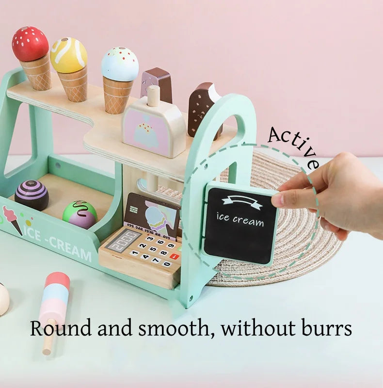 Comptoir de Crème Glacée en Bois - Jouet Montessori 40+ Pièces avec Monnaie pour Enfants 3-6 Ans