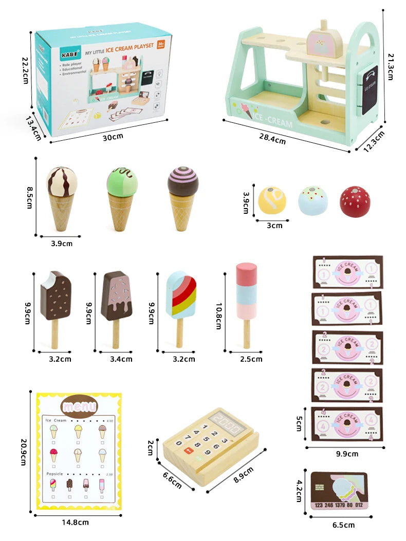 Comptoir de Crème Glacée en Bois - Jouet Montessori 40+ Pièces avec Monnaie pour Enfants 3-6 Ans